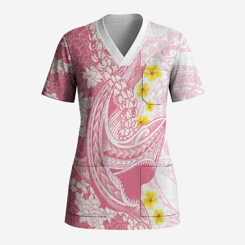Pink Hawaii Shark Tattoo Scrub Top Puakenikeni Lei Plumeria Polynesian Pattern