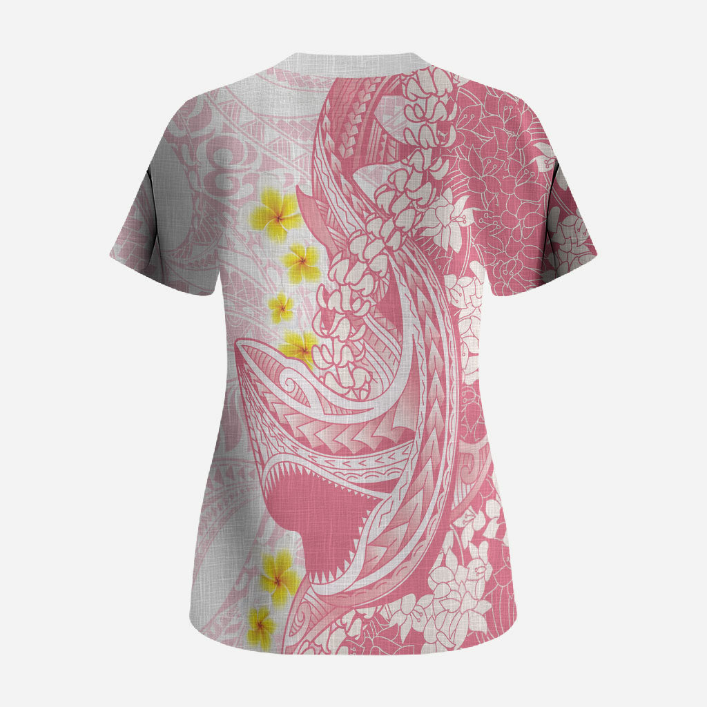 Pink Hawaii Shark Tattoo Scrub Top Puakenikeni Lei Plumeria Polynesian Pattern LT14 - Polynesian Pride