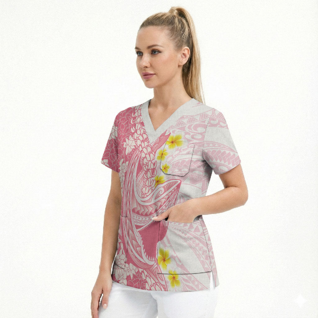 Pink Hawaii Shark Tattoo Scrub Top Puakenikeni Lei Plumeria Polynesian Pattern LT14 - Polynesian Pride