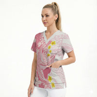 Pink Hawaii Shark Tattoo Scrub Top Puakenikeni Lei Plumeria Polynesian Pattern LT14 - Polynesian Pride