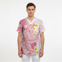 Pink Hawaii Shark Tattoo Scrub Top Puakenikeni Lei Plumeria Polynesian Pattern LT14 - Polynesian Pride