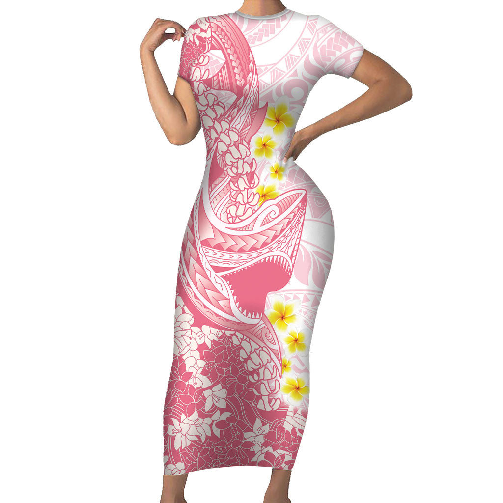 Pink Hawaii Shark Tattoo Short Sleeve Bodycon Dress Puakenikeni Lei Plumeria Polynesian Pattern LT14 Long Dress Pink - Polynesian Pride