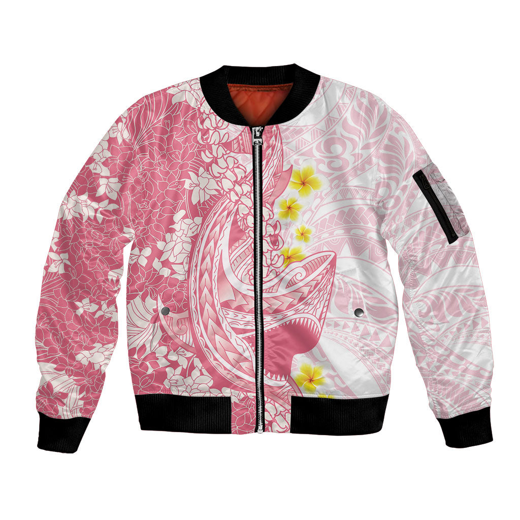 Pink Hawaii Shark Tattoo Sleeve Zip Bomber Jacket Puakenikeni Lei Plumeria Polynesian Pattern LT14 Unisex Pink - Polynesian Pride