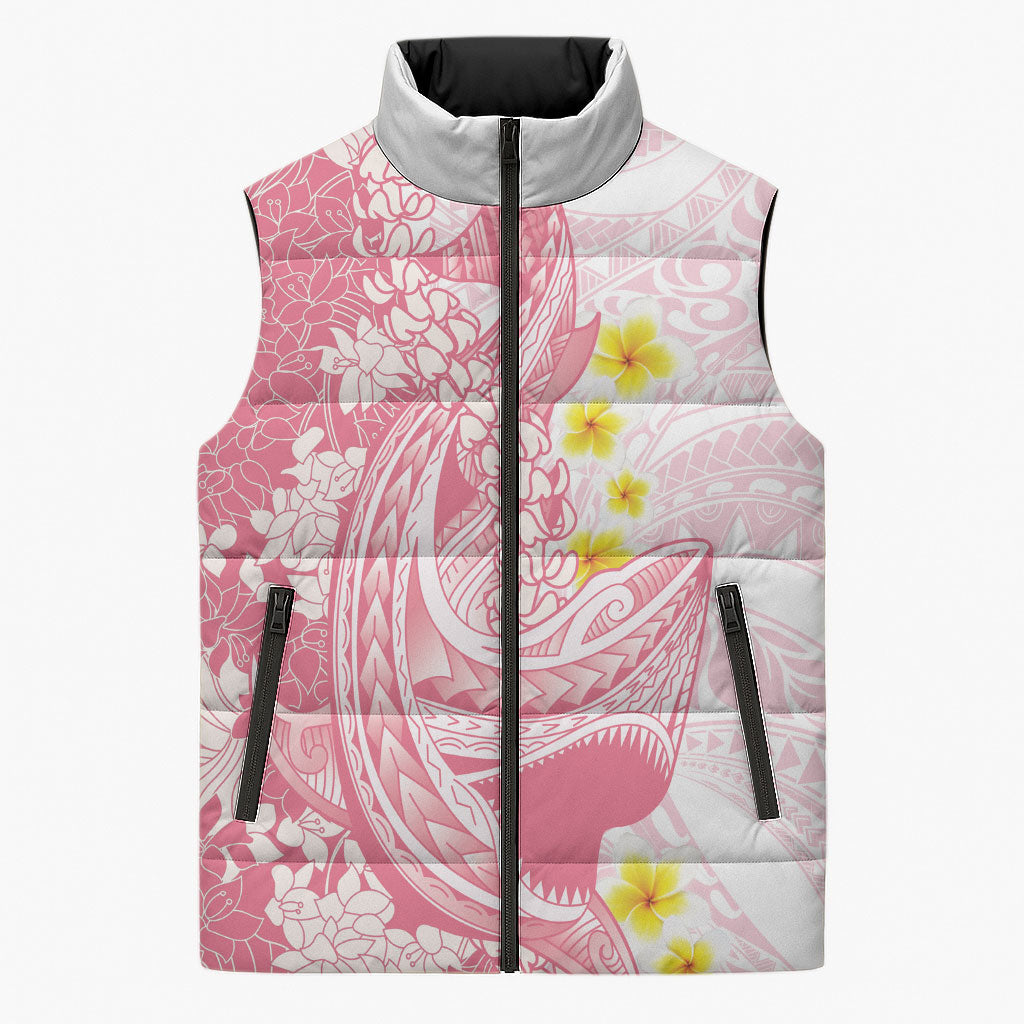 Pink Hawaii Shark Tattoo Sleeveless Puffer Jacket Puakenikeni Lei Plumeria Polynesian Pattern