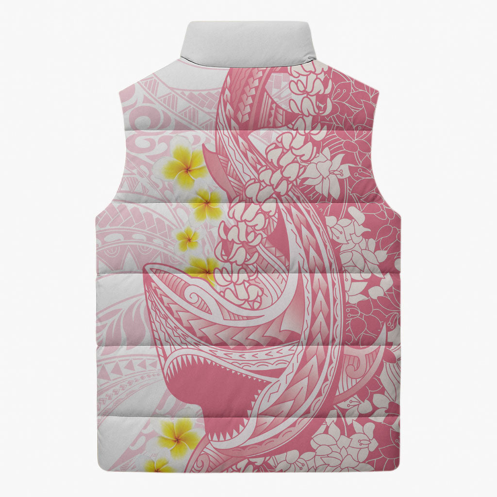 Pink Hawaii Shark Tattoo Sleeveless Puffer Jacket Puakenikeni Lei Plumeria Polynesian Pattern LT14 - Polynesian Pride