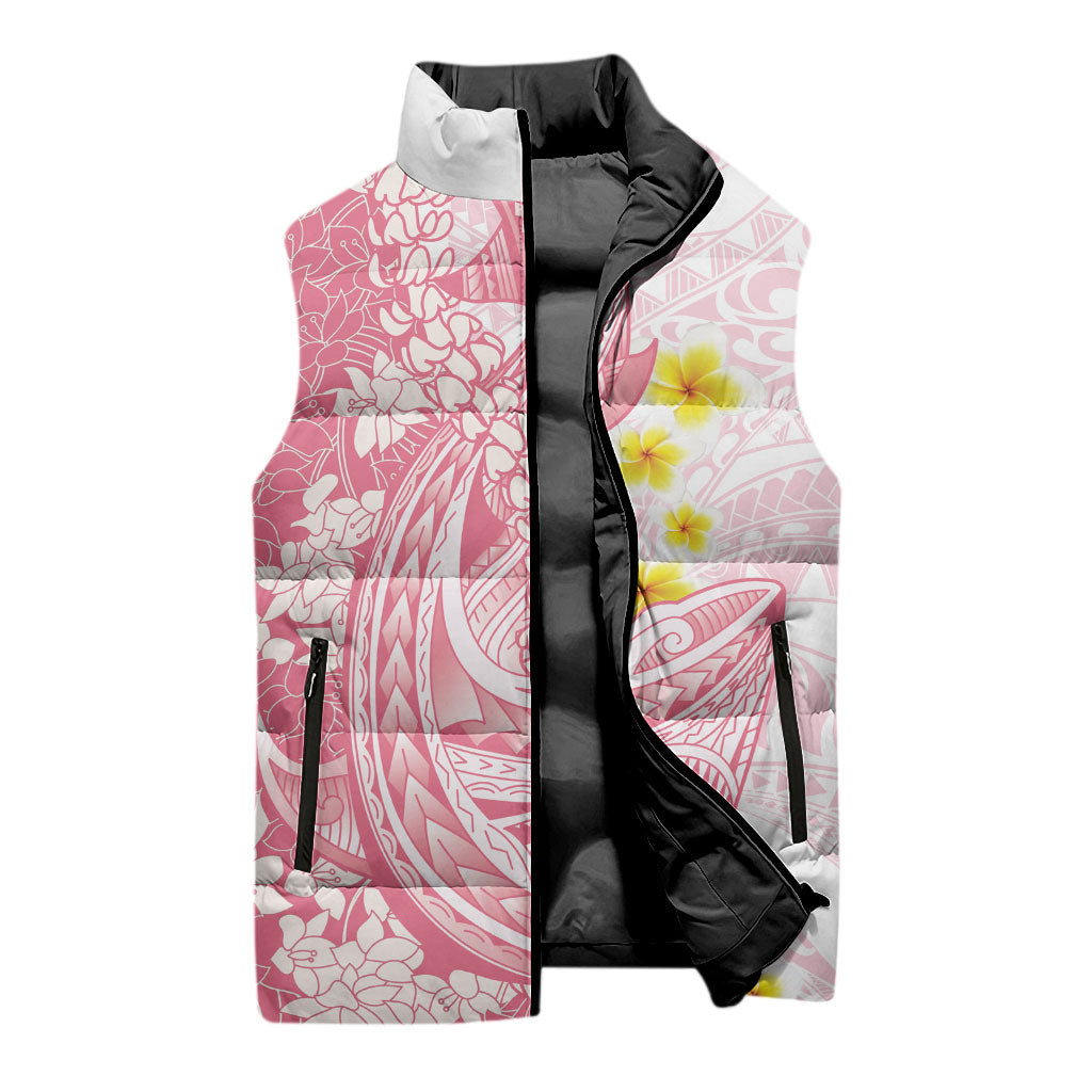 Pink Hawaii Shark Tattoo Sleeveless Puffer Jacket Puakenikeni Lei Plumeria Polynesian Pattern LT14 - Polynesian Pride
