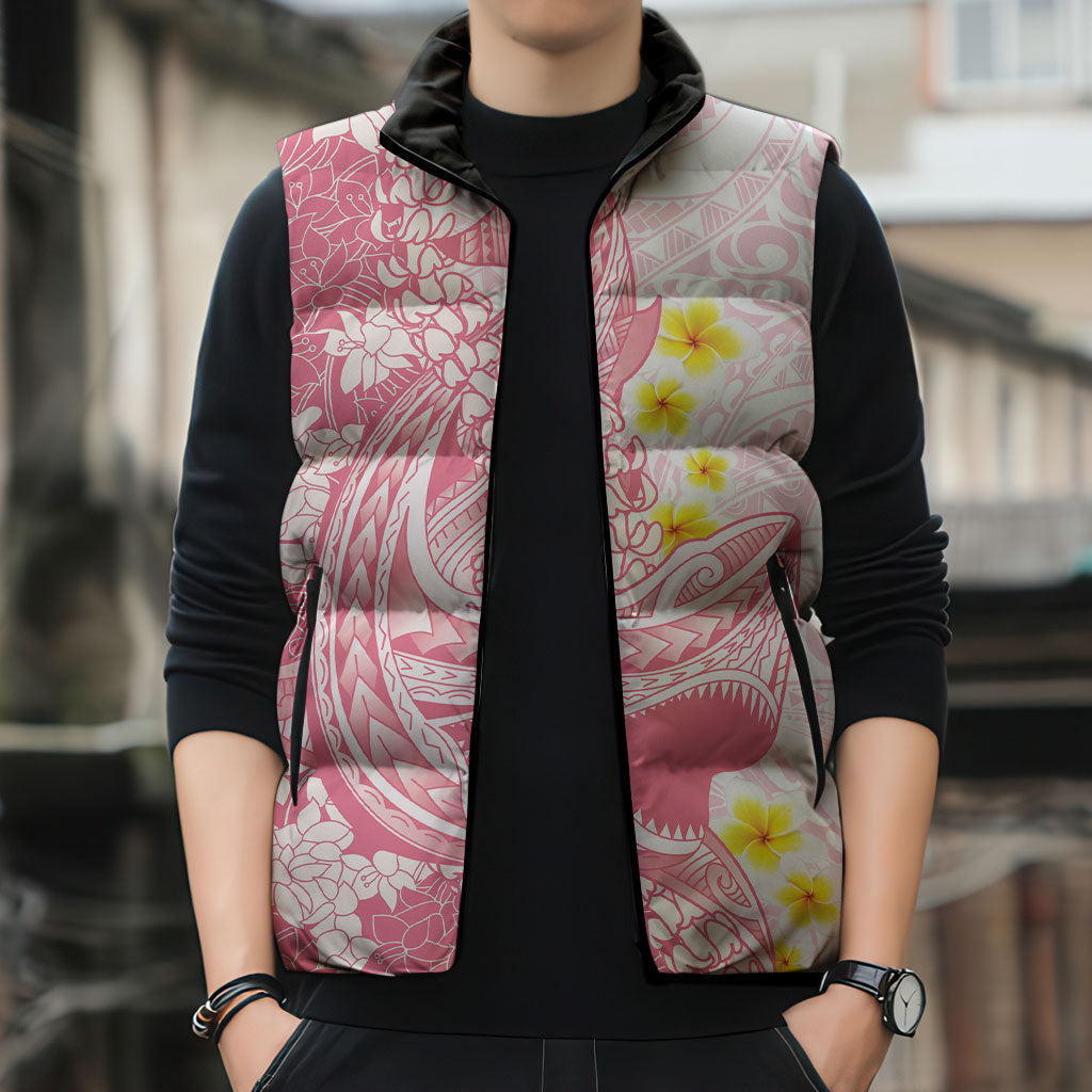 Pink Hawaii Shark Tattoo Sleeveless Puffer Jacket Puakenikeni Lei Plumeria Polynesian Pattern LT14 - Polynesian Pride