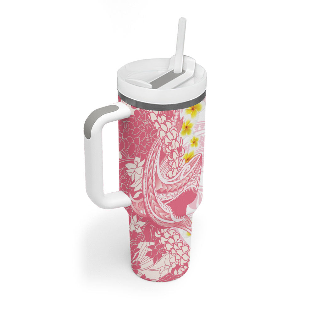 Pink Hawaii Shark Tattoo Tumbler With Handle Puakenikeni Lei Plumeria Polynesian Pattern LT14 - Polynesian Pride