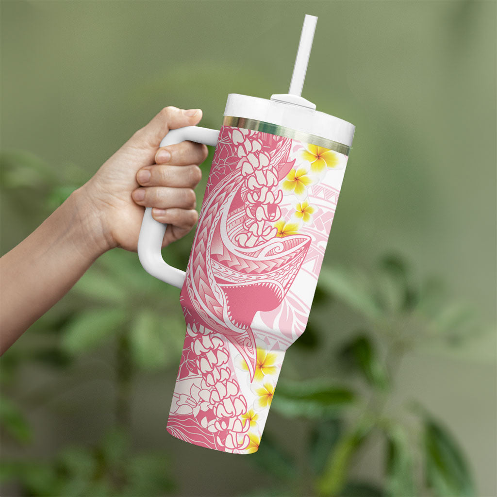 Pink Hawaii Shark Tattoo Tumbler With Handle Puakenikeni Lei Plumeria Polynesian Pattern LT14 - Polynesian Pride