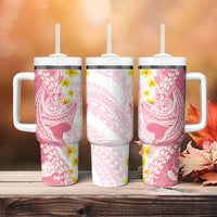 Pink Hawaii Shark Tattoo Tumbler With Handle Puakenikeni Lei Plumeria Polynesian Pattern LT14 - Polynesian Pride