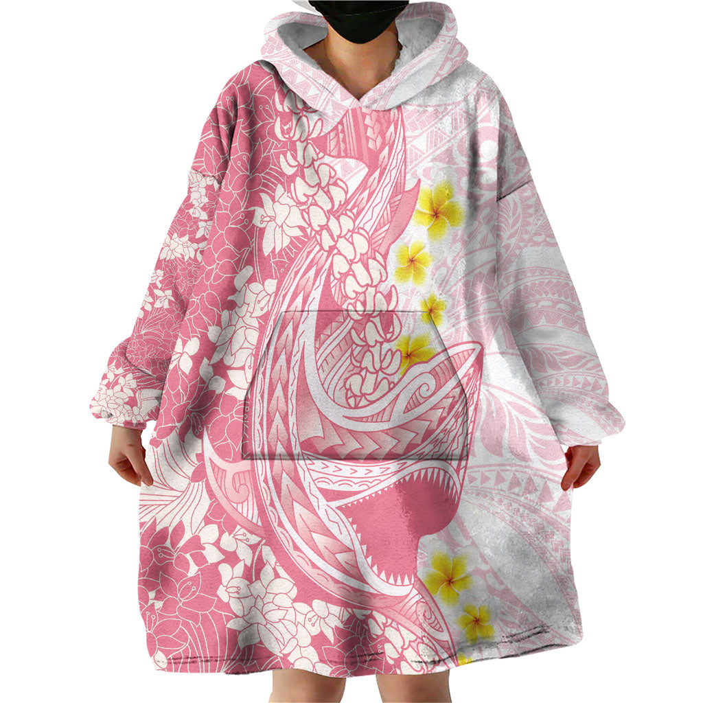 Pink Hawaii Shark Tattoo Wearable Blanket Hoodie Puakenikeni Lei Plumeria Polynesian Pattern LT14 - Polynesian Pride