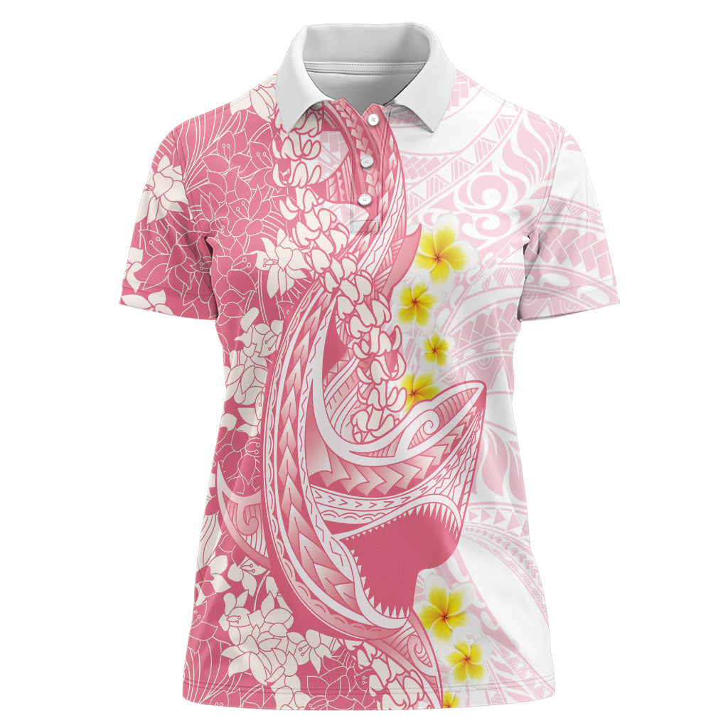 Pink Hawaii Shark Tattoo Women Polo Shirt Puakenikeni Lei Plumeria Polynesian Pattern
