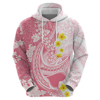 Pink Hawaii Shark Tattoo Zip Hoodie Puakenikeni Lei Plumeria Polynesian Pattern LT14 - Polynesian Pride