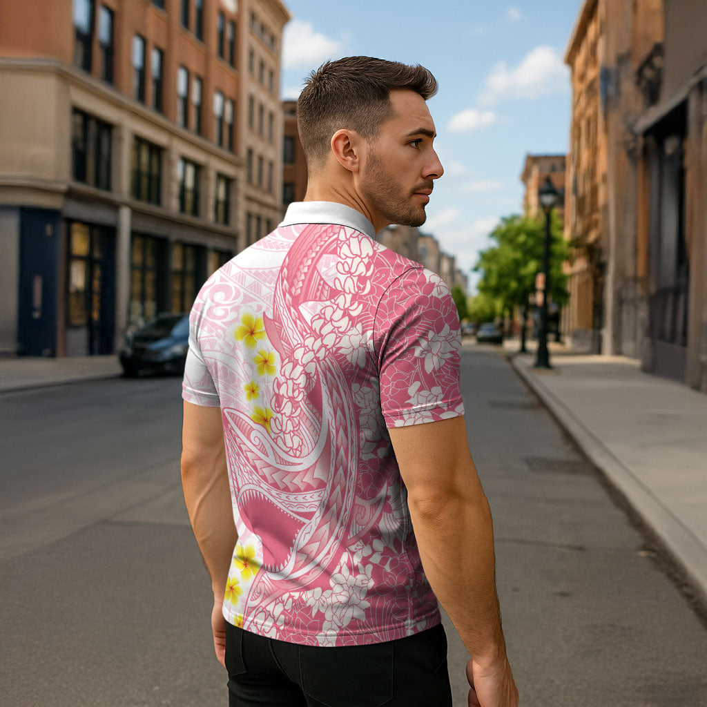 Pink Hawaii Shark Tattoo Zipper Polo Shirt Puakenikeni Lei Plumeria Polynesian Pattern LT14 - Polynesian Pride