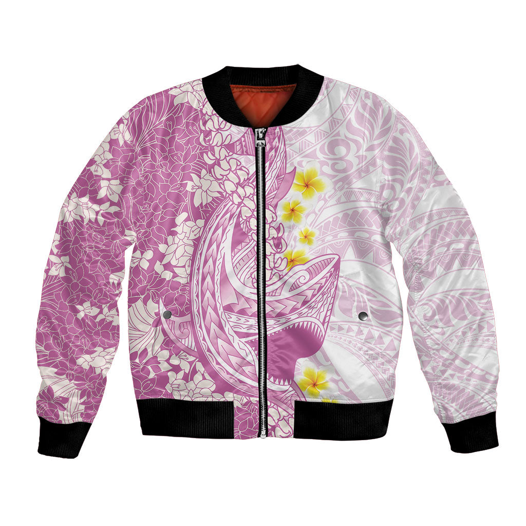 Purple Hawaii Shark Tattoo Bomber Jacket Puakenikeni Lei Plumeria Polynesian Pattern
