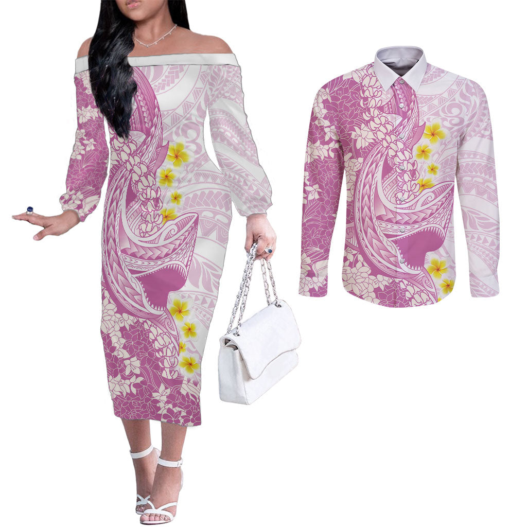 Purple Hawaii Shark Tattoo Couples Matching Off The Shoulder Long Sleeve Dress and Long Sleeve Button Shirt Puakenikeni Lei Plumeria Polynesian Pattern