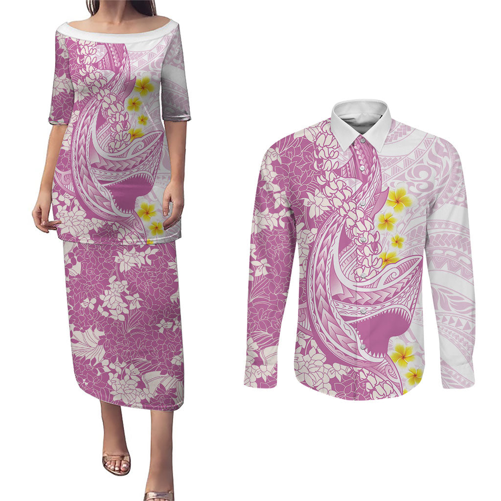 Purple Hawaii Shark Tattoo Couples Matching Puletasi and Long Sleeve Button Shirt Puakenikeni Lei Plumeria Polynesian Pattern
