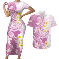 Purple Hawaii Shark Tattoo Couples Matching Short Sleeve Bodycon Dress and Hawaiian Shirt Puakenikeni Lei Plumeria Polynesian Pattern