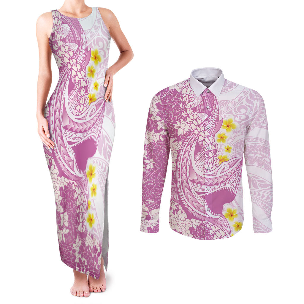 Purple Hawaii Shark Tattoo Couples Matching Tank Maxi Dress and Long Sleeve Button Shirt Puakenikeni Lei Plumeria Polynesian Pattern