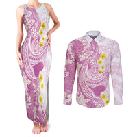 Purple Hawaii Shark Tattoo Couples Matching Tank Maxi Dress and Long Sleeve Button Shirt Puakenikeni Lei Plumeria Polynesian Pattern