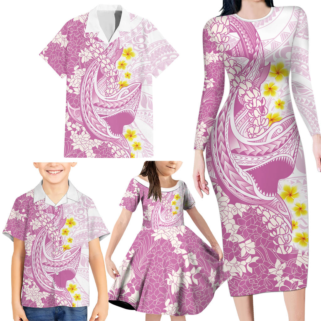 Purple Hawaii Shark Tattoo Family Matching Long Sleeve Bodycon Dress and Hawaiian Shirt Puakenikeni Lei Plumeria Polynesian Pattern