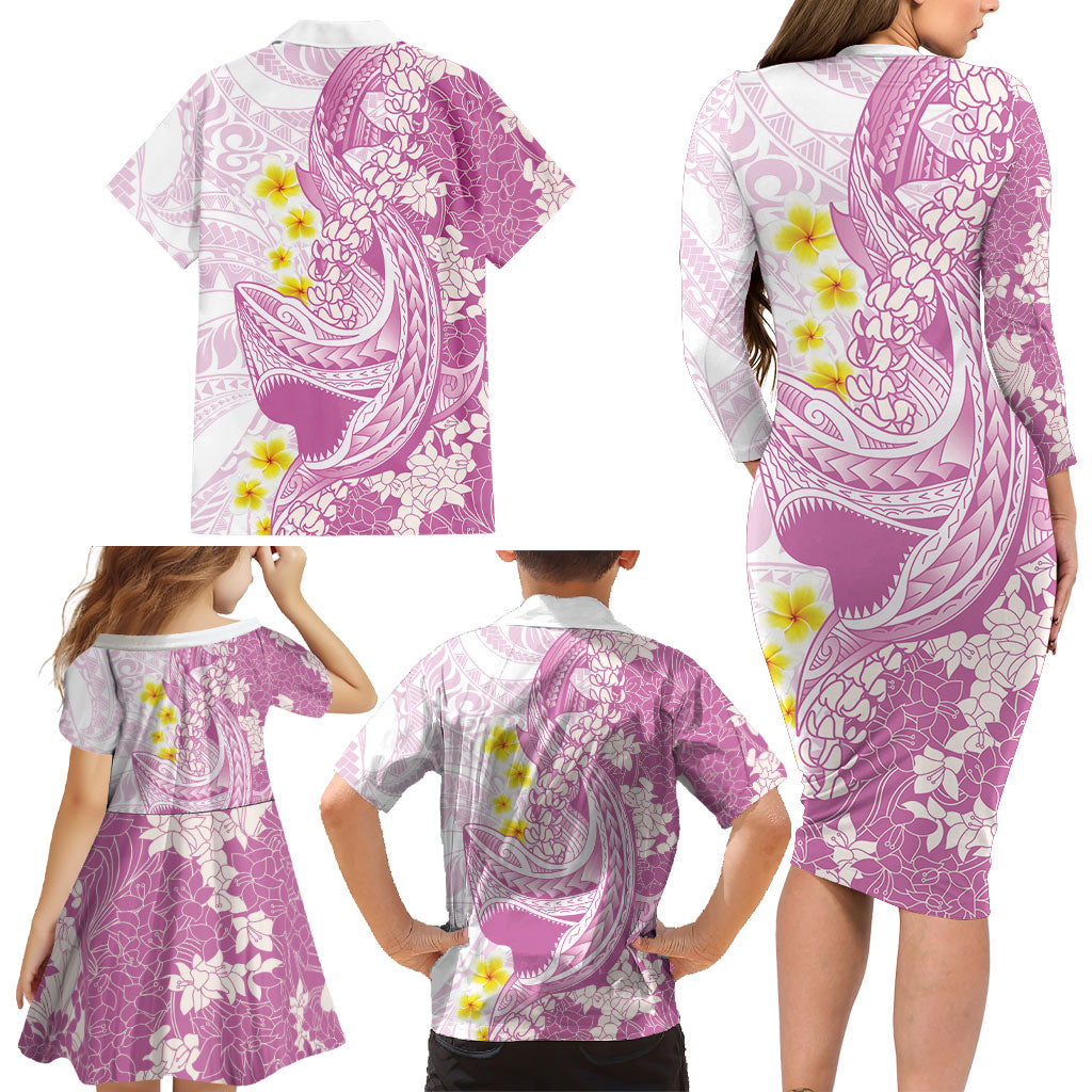 Purple Hawaii Shark Tattoo Family Matching Long Sleeve Bodycon Dress and Hawaiian Shirt Puakenikeni Lei Plumeria Polynesian Pattern