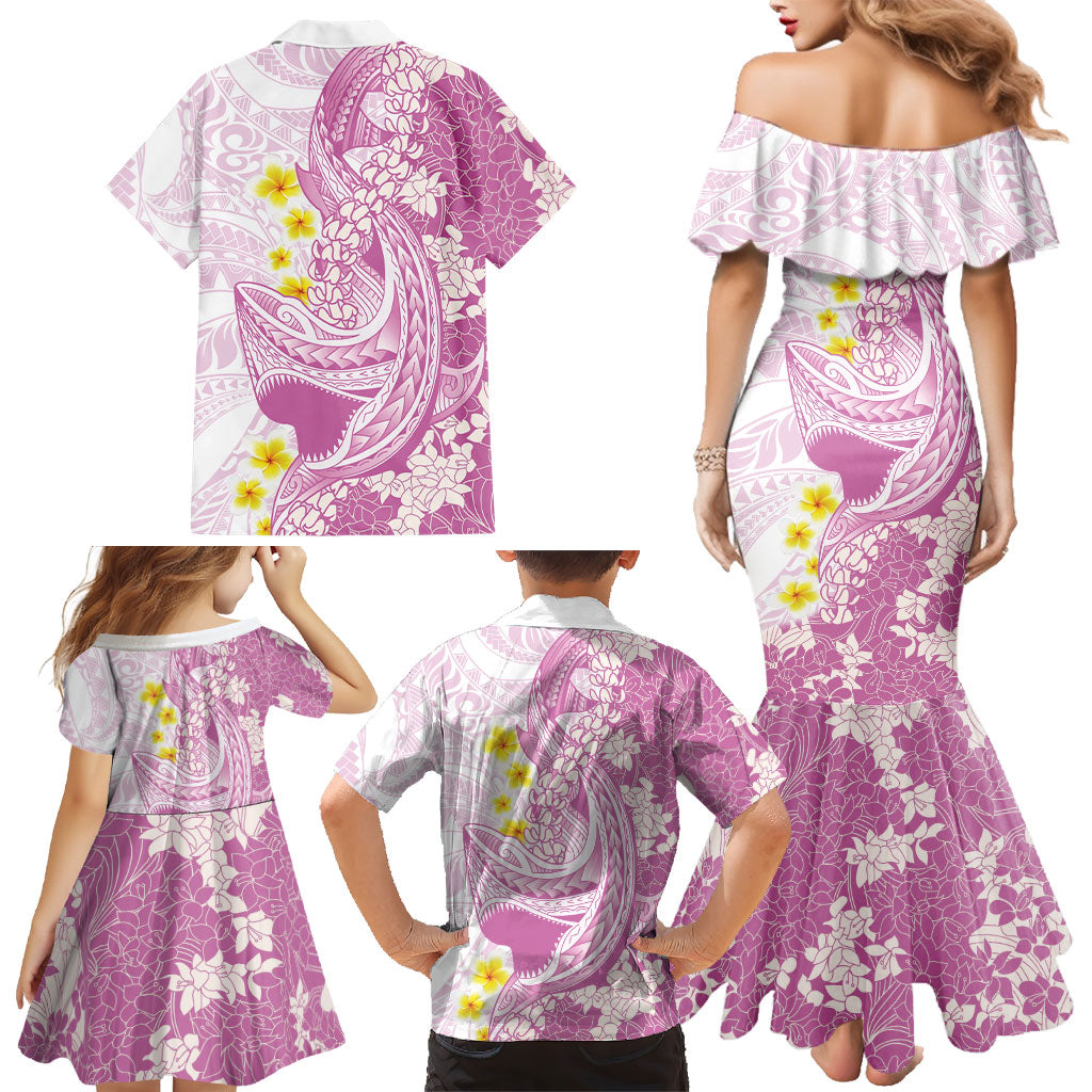 Purple Hawaii Shark Tattoo Family Matching Mermaid Dress and Hawaiian Shirt Puakenikeni Lei Plumeria Polynesian Pattern