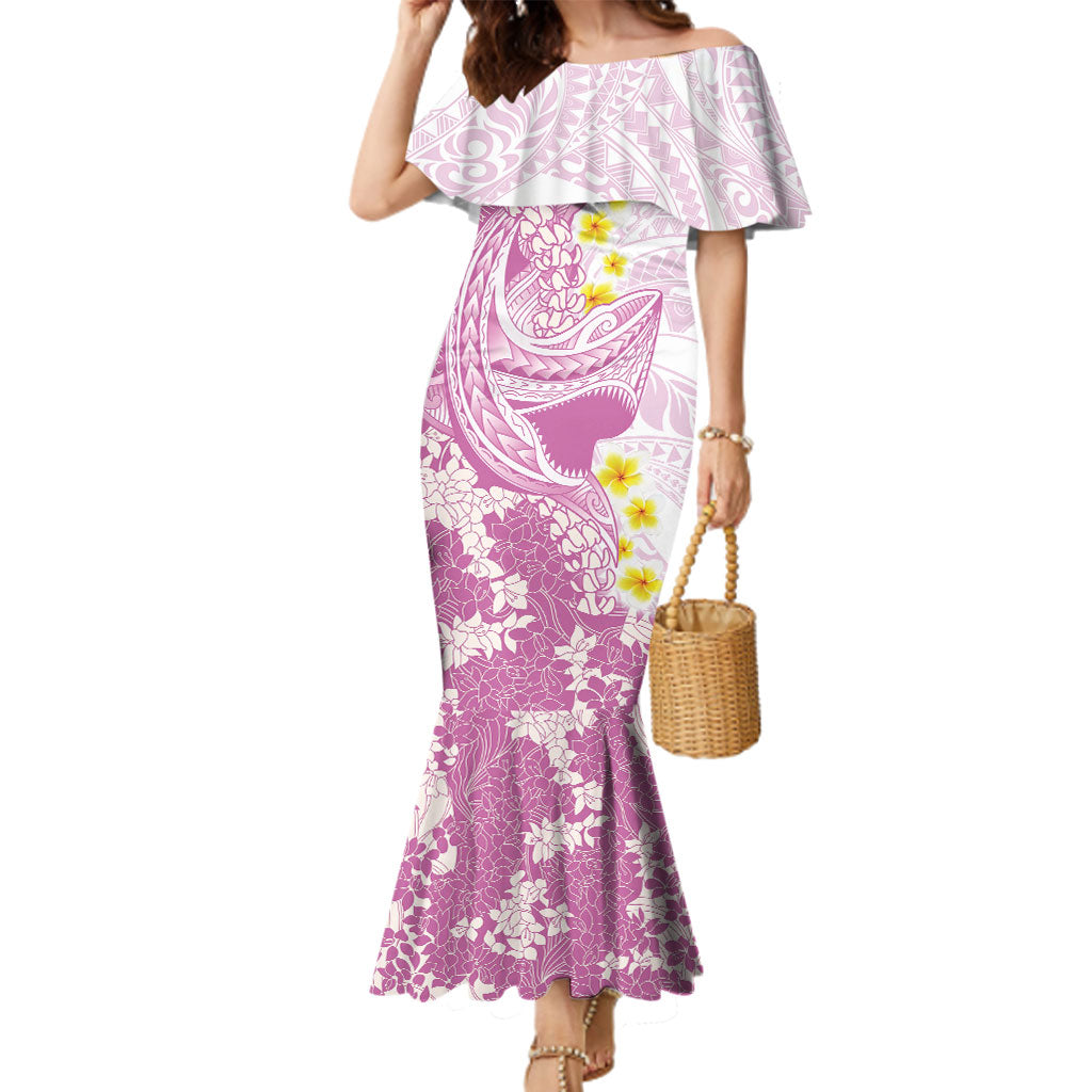 Purple Hawaii Shark Tattoo Family Matching Mermaid Dress and Hawaiian Shirt Puakenikeni Lei Plumeria Polynesian Pattern