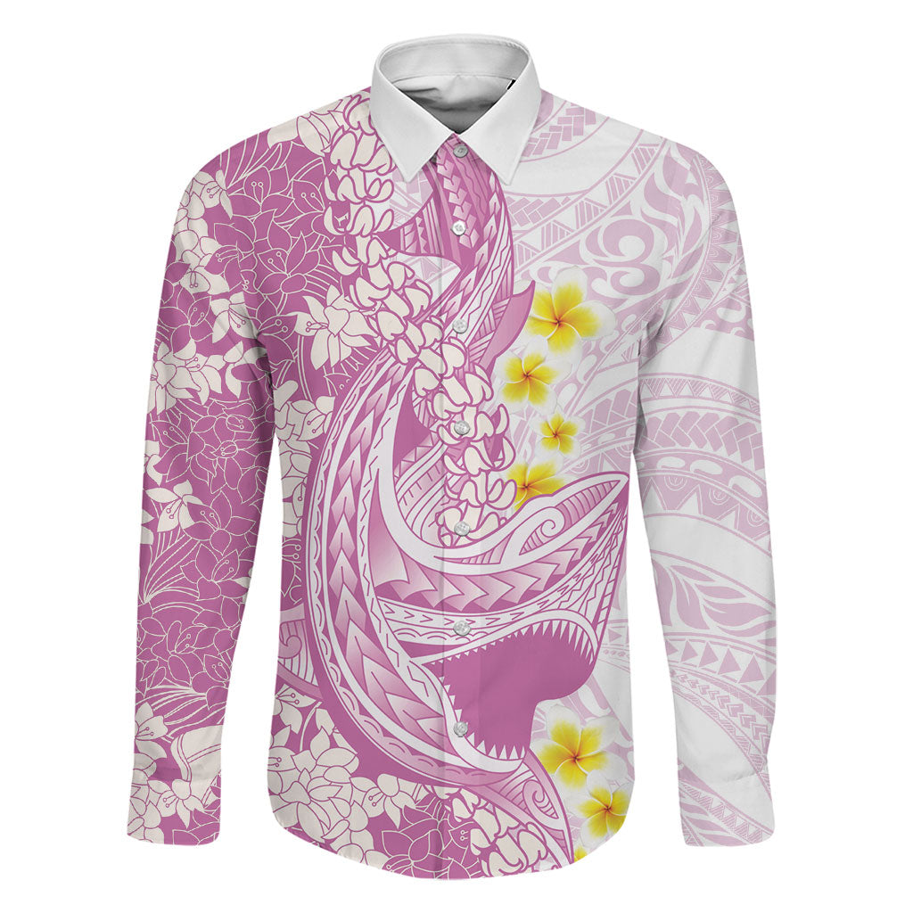 Purple Hawaii Shark Tattoo Family Matching Off The Shoulder Long Sleeve Dress and Hawaiian Shirt Puakenikeni Lei Plumeria Polynesian Pattern