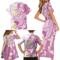 Purple Hawaii Shark Tattoo Family Matching Short Sleeve Bodycon Dress and Hawaiian Shirt Puakenikeni Lei Plumeria Polynesian Pattern
