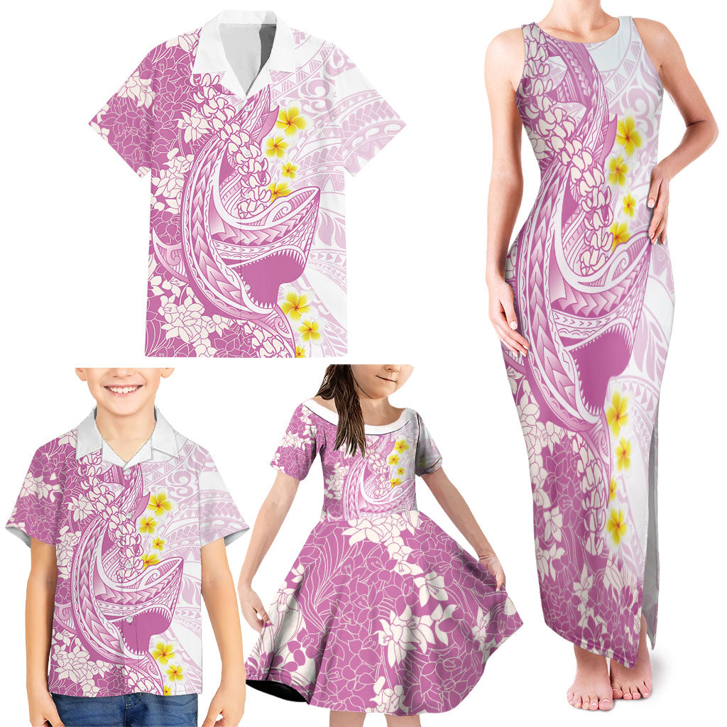 Purple Hawaii Shark Tattoo Family Matching Tank Maxi Dress and Hawaiian Shirt Puakenikeni Lei Plumeria Polynesian Pattern