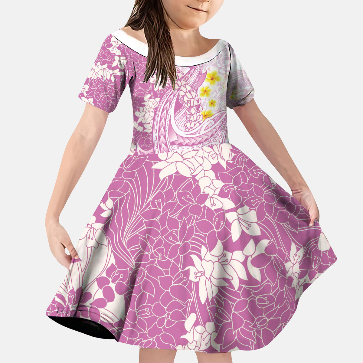 Purple Hawaii Shark Tattoo Kid Short Sleeve Dress Puakenikeni Lei Plumeria Polynesian Pattern