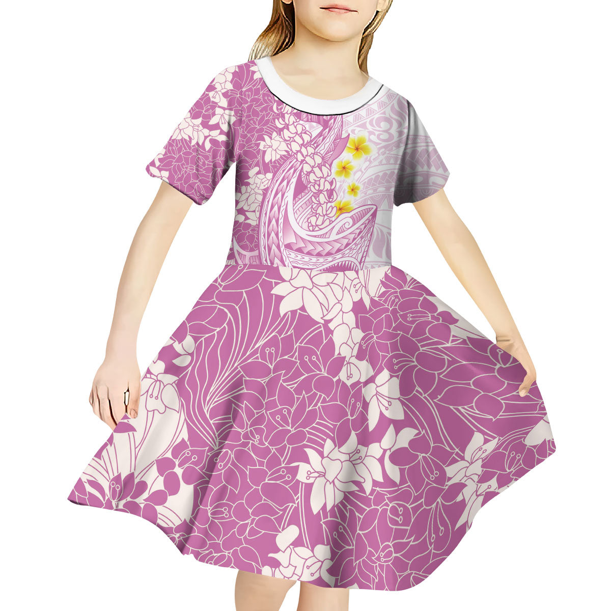 Purple Hawaii Shark Tattoo Kid Short Sleeve Dress Puakenikeni Lei Plumeria Polynesian Pattern LT14 - Polynesian Pride
