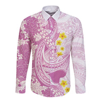 Purple Hawaii Shark Tattoo Long Sleeve Button Shirt Puakenikeni Lei Plumeria Polynesian Pattern LT14 Unisex Purple - Polynesian Pride