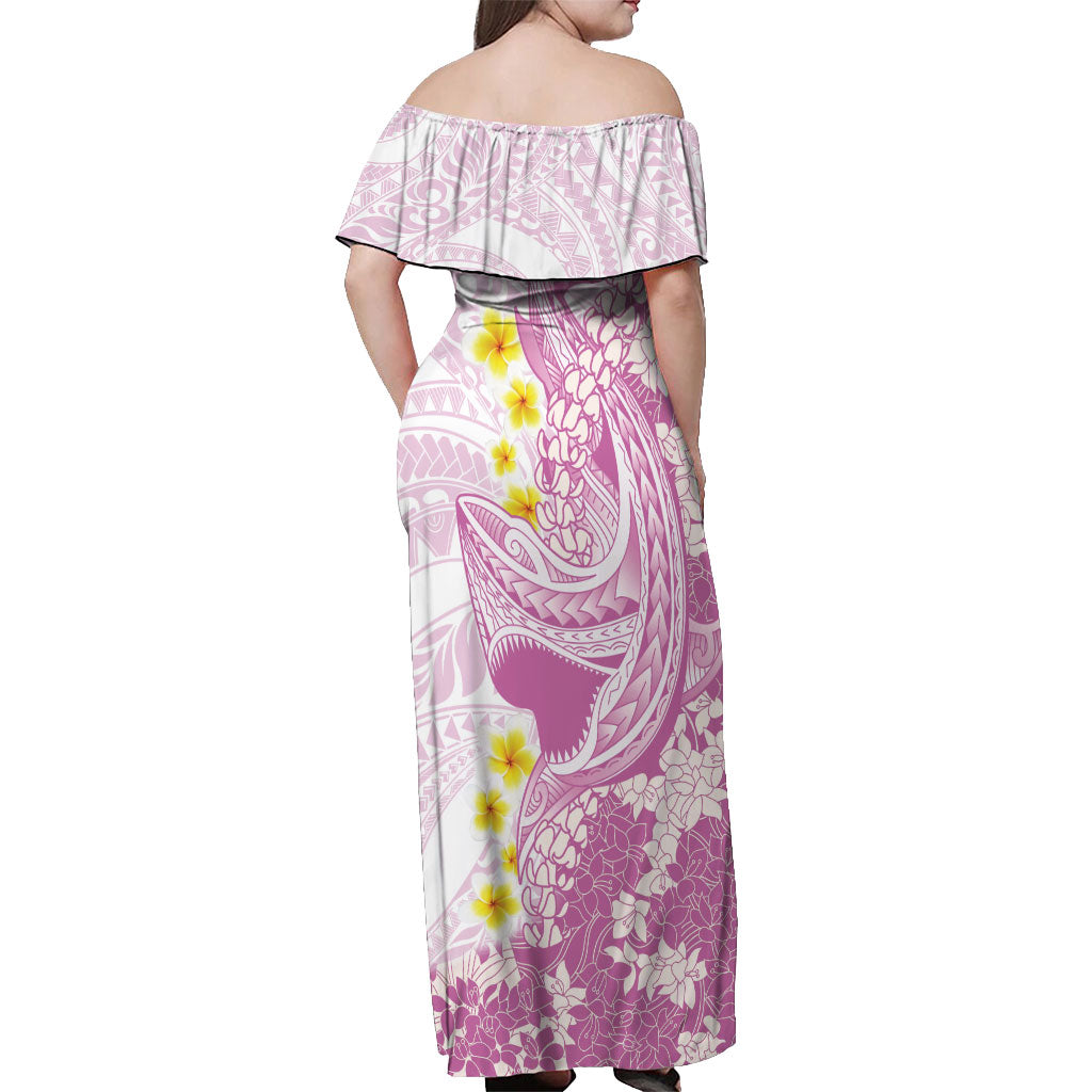Purple Hawaii Shark Tattoo Off Shoulder Maxi Dress Puakenikeni Lei Plumeria Polynesian Pattern
