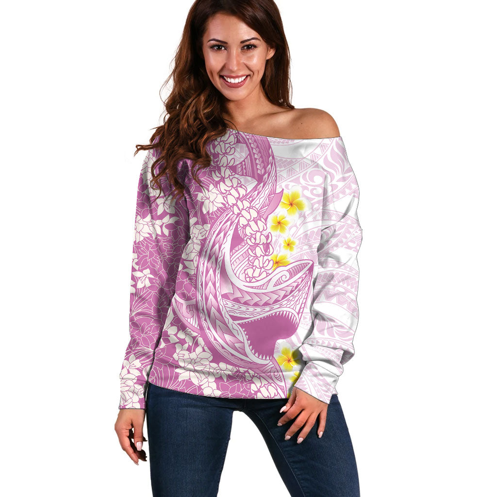 Purple Hawaii Shark Tattoo Off Shoulder Sweater Puakenikeni Lei Plumeria Polynesian Pattern LT14 Women Purple - Polynesian Pride