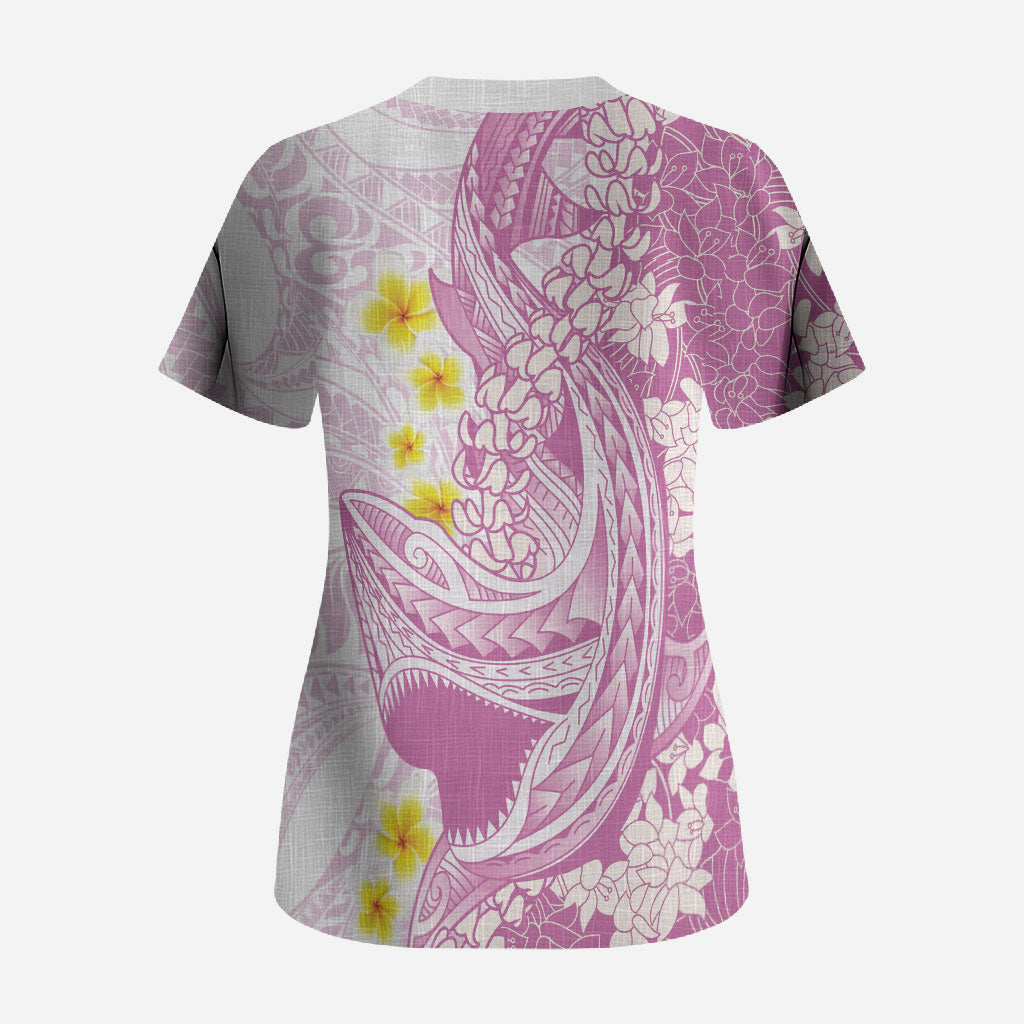 Purple Hawaii Shark Tattoo Scrub Top Puakenikeni Lei Plumeria Polynesian Pattern LT14 - Polynesian Pride