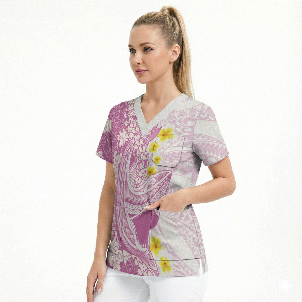 Purple Hawaii Shark Tattoo Scrub Top Puakenikeni Lei Plumeria Polynesian Pattern LT14 - Polynesian Pride