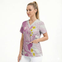 Purple Hawaii Shark Tattoo Scrub Top Puakenikeni Lei Plumeria Polynesian Pattern LT14 - Polynesian Pride