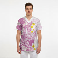 Purple Hawaii Shark Tattoo Scrub Top Puakenikeni Lei Plumeria Polynesian Pattern LT14 - Polynesian Pride