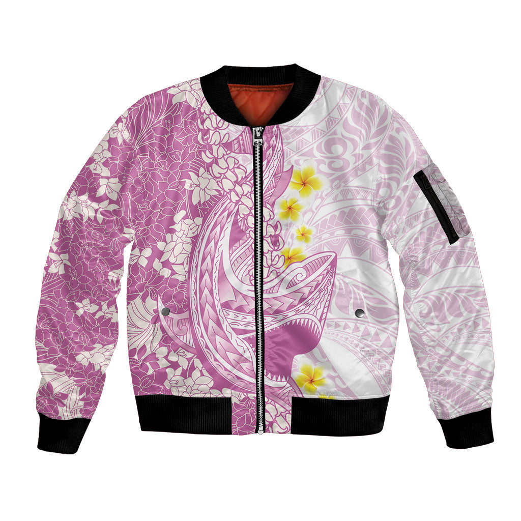 Purple Hawaii Shark Tattoo Sleeve Zip Bomber Jacket Puakenikeni Lei Plumeria Polynesian Pattern LT14 Unisex Purple - Polynesian Pride