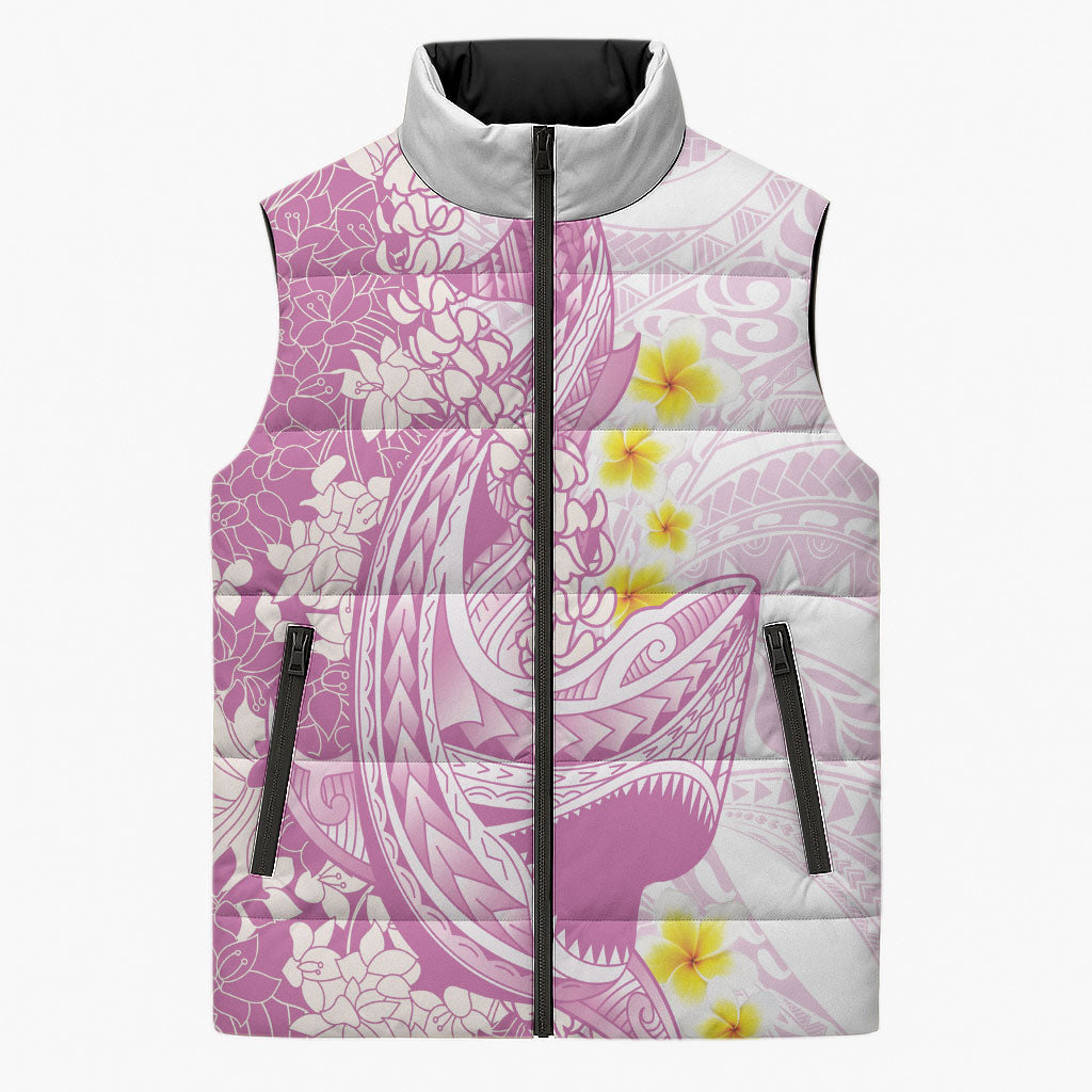 Purple Hawaii Shark Tattoo Sleeveless Puffer Jacket Puakenikeni Lei Plumeria Polynesian Pattern