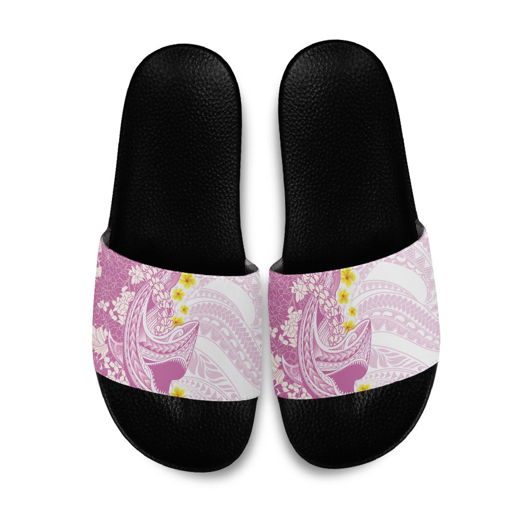 Purple Hawaii Shark Tattoo Slide Sandals Puakenikeni Lei Plumeria Polynesian Pattern