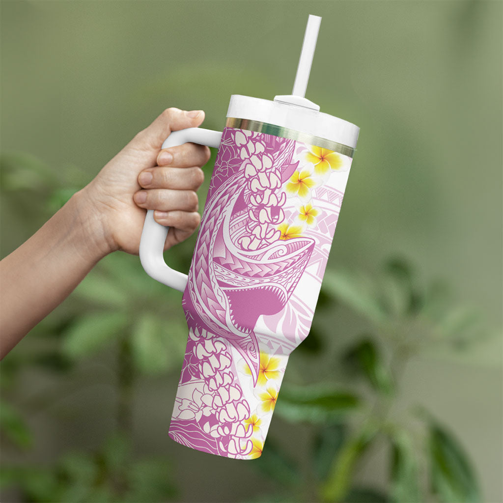 Purple Hawaii Shark Tattoo Tumbler With Handle Puakenikeni Lei Plumeria Polynesian Pattern LT14 - Polynesian Pride