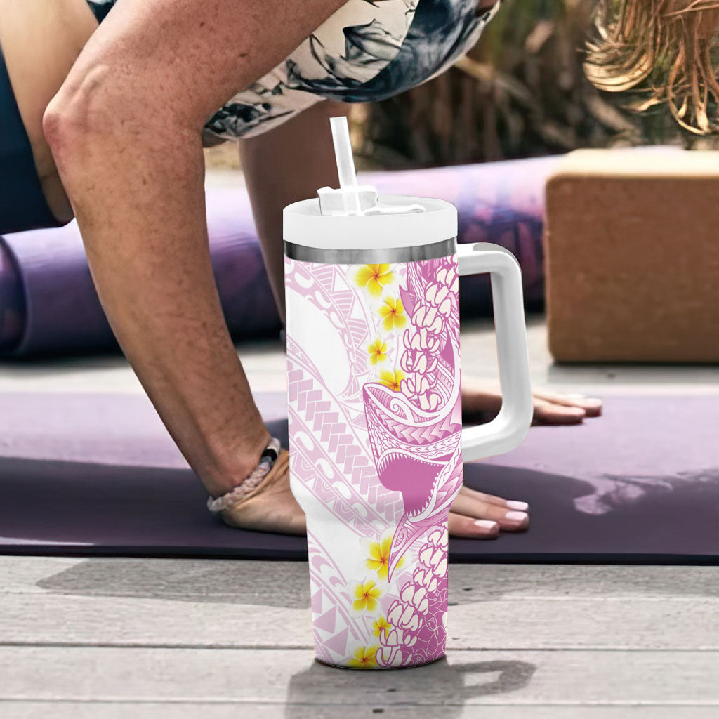 Purple Hawaii Shark Tattoo Tumbler With Handle Puakenikeni Lei Plumeria Polynesian Pattern LT14 - Polynesian Pride