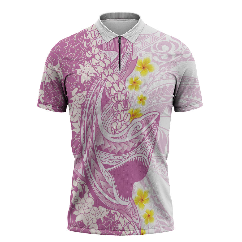 Purple Hawaii Shark Tattoo Zipper Polo Shirt Puakenikeni Lei Plumeria Polynesian Pattern LT14 Purple - Polynesian Pride