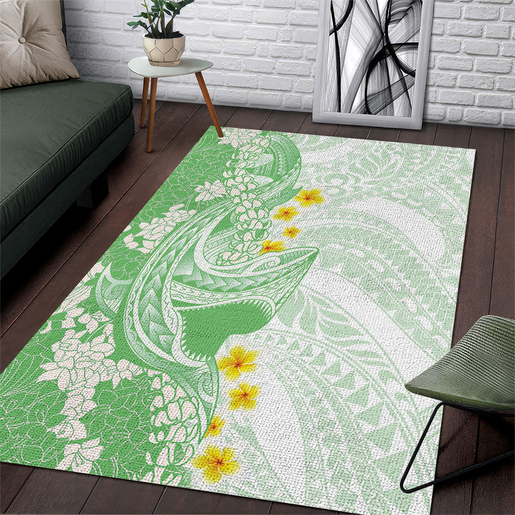 Green Hawaii Shark Tattoo Area Rug Puakenikeni Lei Plumeria Polynesian Pattern