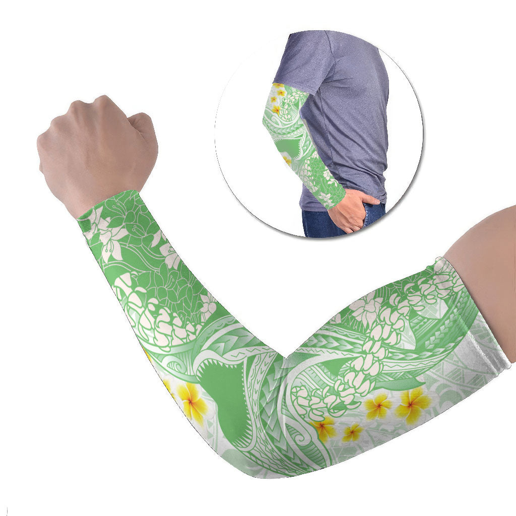 Green Hawaii Shark Tattoo Arm Sleeves Puakenikeni Lei Plumeria Polynesian Pattern
