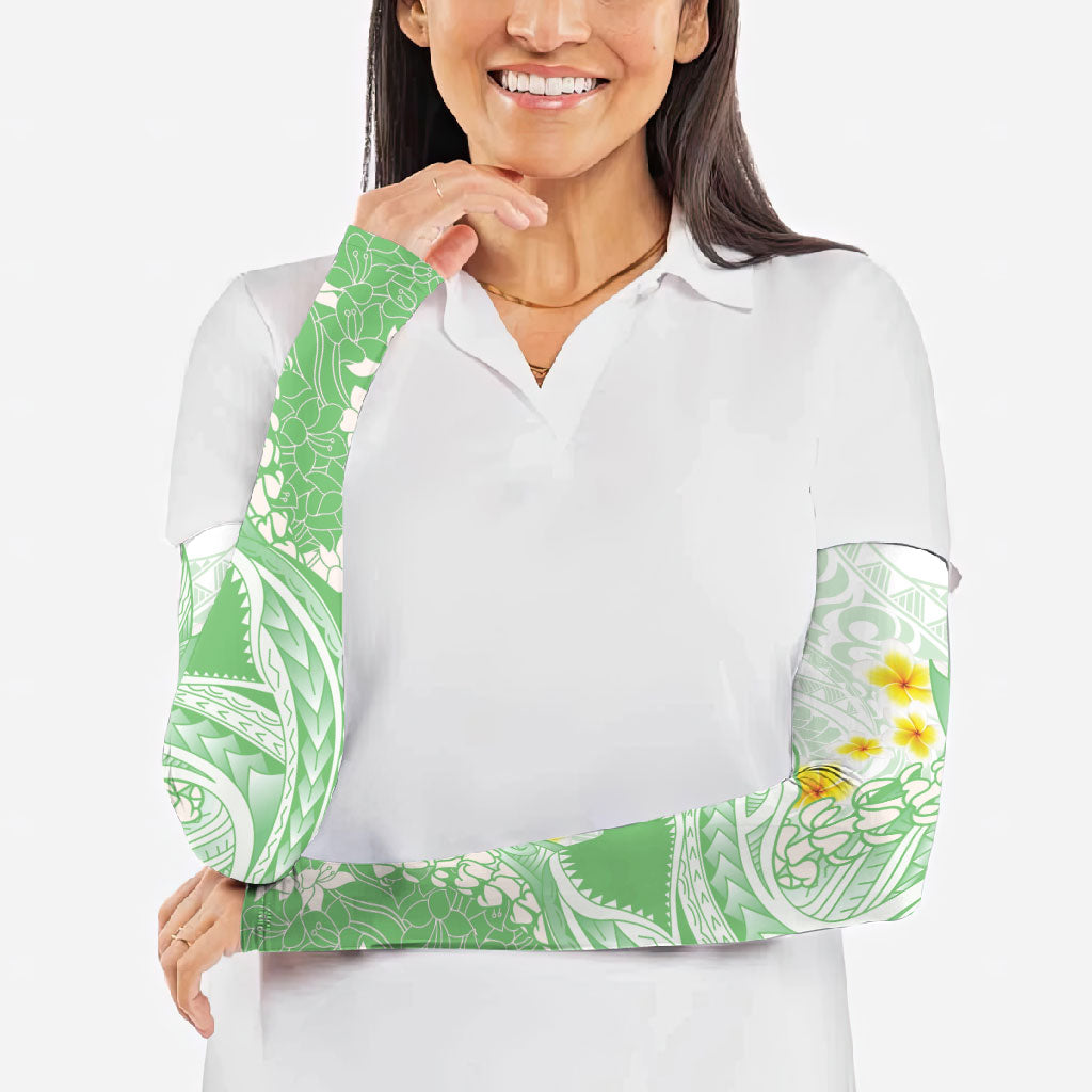 Green Hawaii Shark Tattoo Arm Sleeves Puakenikeni Lei Plumeria Polynesian Pattern