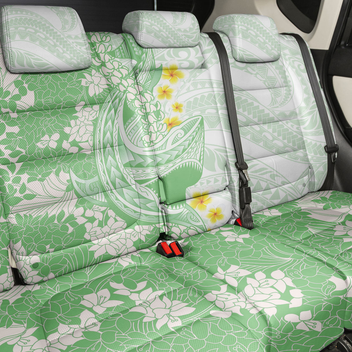 Green Hawaii Shark Tattoo Back Car Seat Cover Puakenikeni Lei Plumeria Polynesian Pattern LT14 - Polynesian Pride